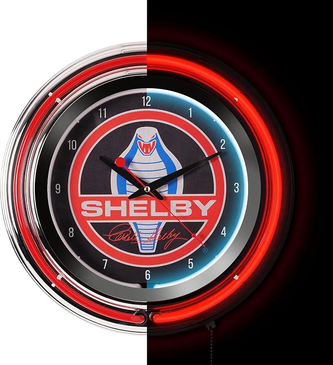 American Art Decor Retro Neon Wall Clock - Round Battery Operated Vintage Analog Clock W/Pull Chain - for Bar, Man Cave, Garage, Arcade, Game Room & More (Shelby, 14.5” x 14.5” x 3.25”)
