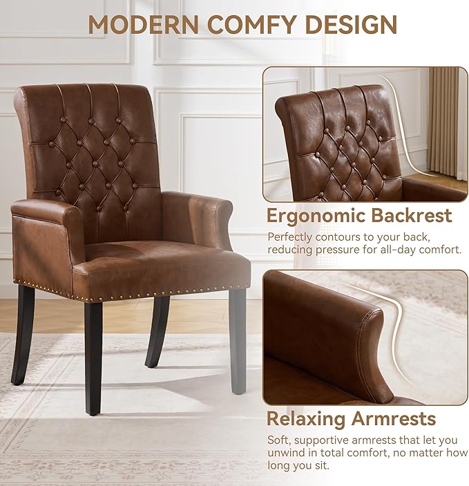 PU Leather Dining Chair with Arms, Upholstered Tufted High Back Dining Room Chairs, Accent Armchair with Solid Wood Leg and Nailhead Trim, Kitchen Dining Living Room, Coffee