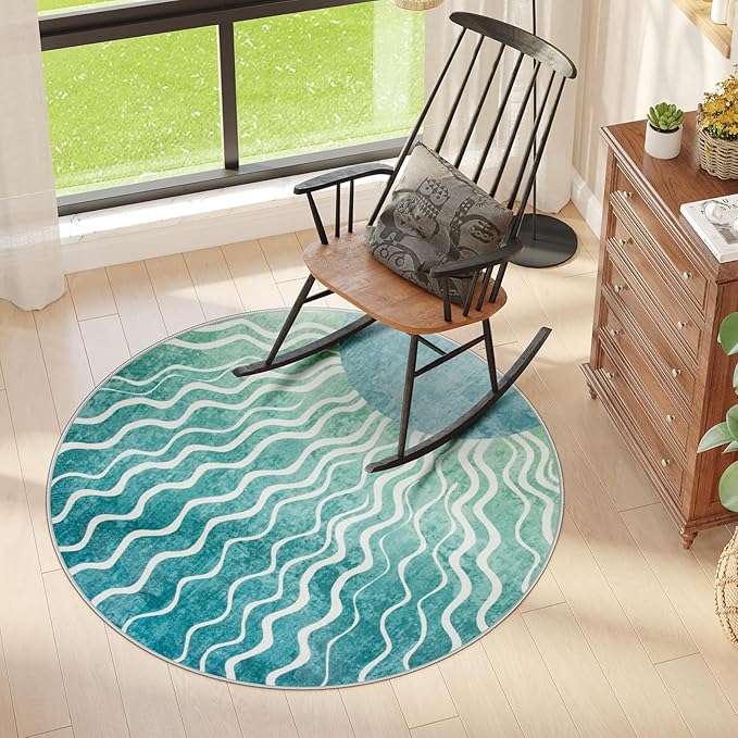 Wonnitar Sun Print Boho Round Rugs, 4ft Small Round Rug Washable Green Circle Carpet, Soft Non Slip 4 Feet Mid Century Circular Dining Room Carpet for Entryway Bedroom, Teal/Multi