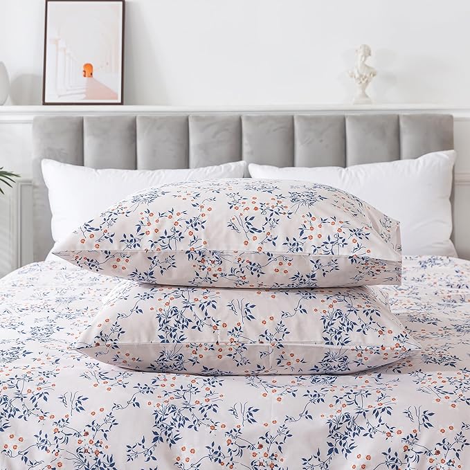 HoneiLife Cotton Duvet Cover Queen - Floral Comforter Cover 3-PC, Soft & Breathable Flower Bedding Duvet Cover Sets with Zipper Closure & Corner Ties, Wildflower Comforter Cover Sets, Blue Leaves