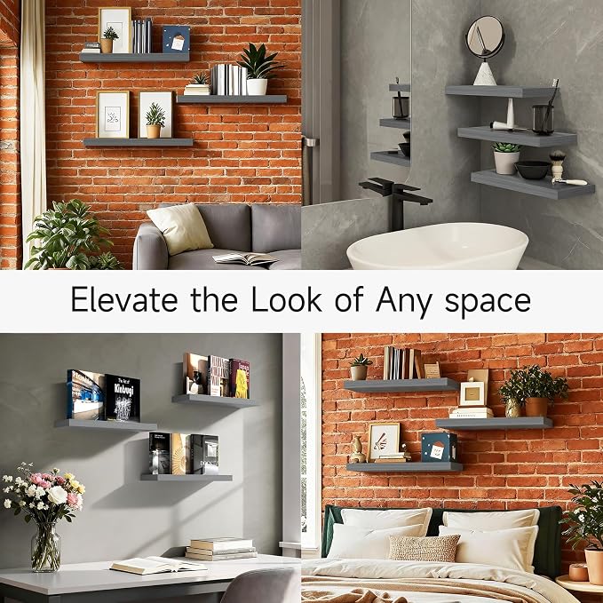 BAYKA Floating Shelves for Wall Grey, Set of 3, Wall Mounted Rustic Wood Shelves for Bathroom, Bedroom, Living Room, Kitchen, Hanging Shelf for Books/Storage/Decor with 22lbs Capacity, Black, 22.5in
