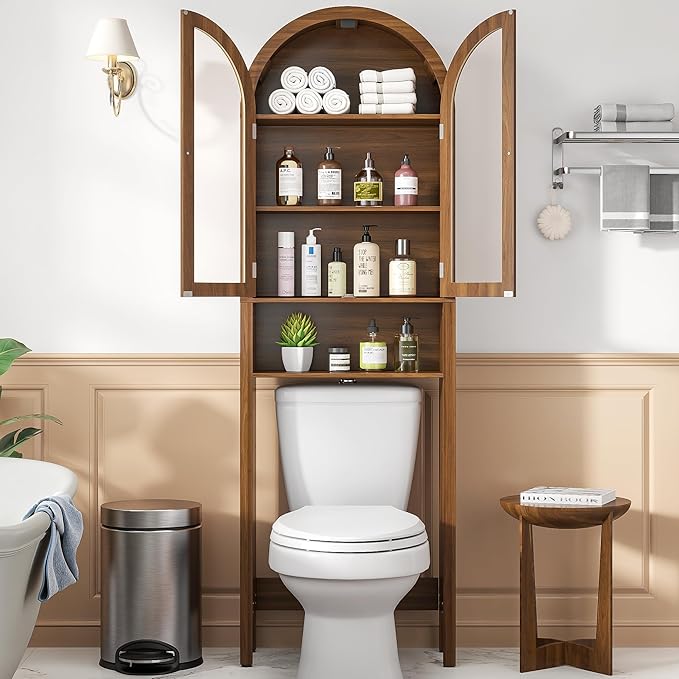 Arched Over The Toilet Storage Cabinet with Acrylic Doors, 4 Tier Small Bathroom Shelf Organizer, Mid Century Modern Bathroom Cabinet with Adjustable Shelf, Slim Narrow Arch Toilet Rack, Walnut