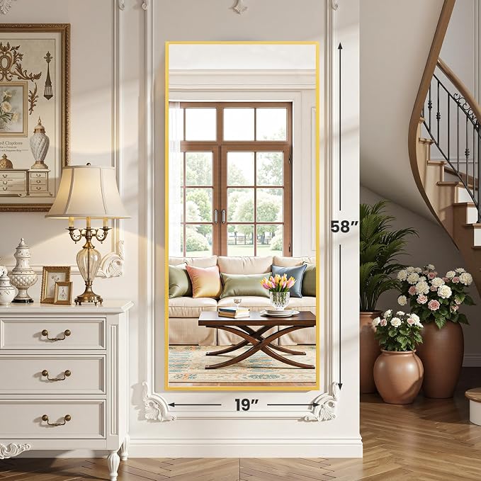 OLIXIS Full Length Mirror for Bedroom, 58"x19" Full Body Mirror with Stand, Hanging or Leaning for Wall, Aluminum Alloy Thin Frame Floor Standing for Living Room, Long, Gold