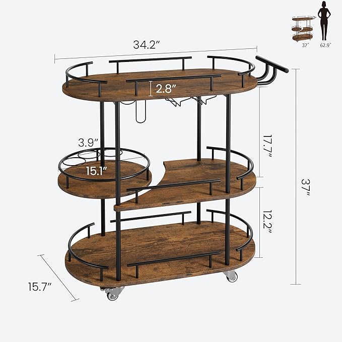 GarveeHome 3-Tier Bar Cart on Wheels, Mobile Serving Cart with Wine Rack and Glass Holder, Metal Kitchen Utility Cart for Coffee Station, Mini Home Bar, Dining Room - Black+Retro Brown