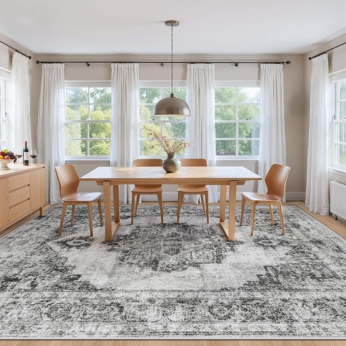 Area Rug 8x10 Vintage Rugs: Large Washable Indoor Medallion Rug Low Pile Distressed Floor Carpet Retro Accent Rugs for Living Room Bedroom Kitchen Dining Table Home Office(Black, 8'x10')