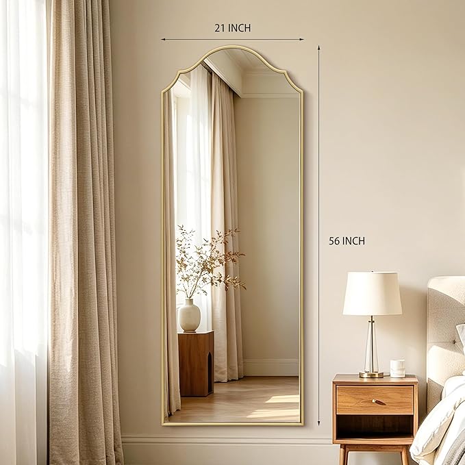 Besdomus Scalloped Full Length Mirror: 21"x56" Gold Arched Floor Mirror - Minimalist Modern Wooden Frame Body Long for Wall/Bedroom/Cloakroom/Entryway/Living Room - Home Decor for Housewife