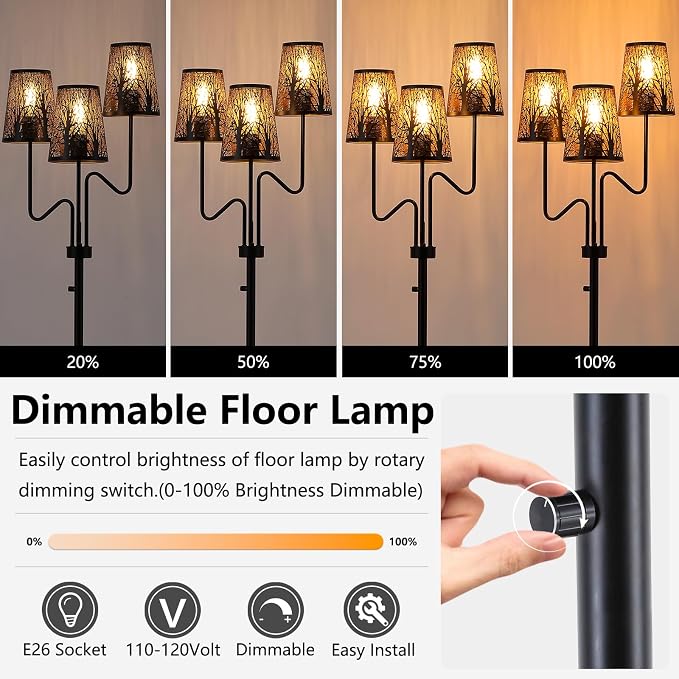 9MMML 3-Light Black Dimmable Floor Lamp for Living Room Bedroom 68'' Tall Standing Lamp with Metal Hollow Shades, 3 x E26 LED Bulb Included