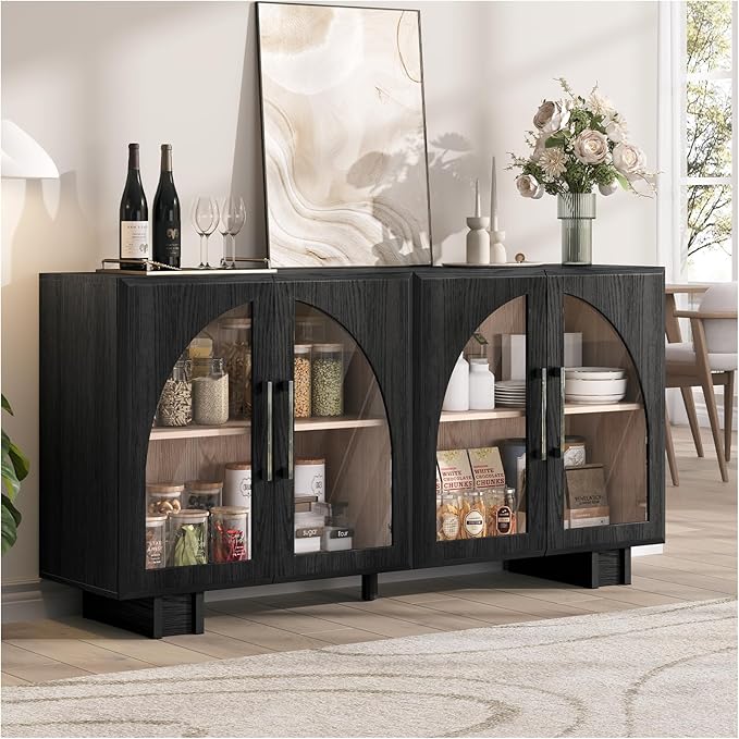 Sideboard Buffet Cabinet with Storage,63” Modern Accent Console Cabinet with Glass Doors,Arched Credenza Storage Cabinet with Adjustable Shelves for Entryway,Kitchen,Black