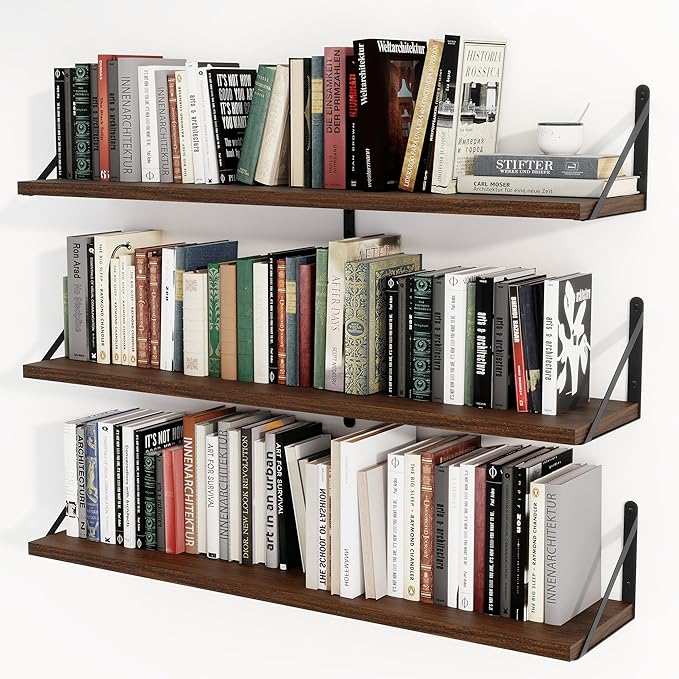 Heimlove Floating Book Shelves for Wall,35.4 Inches Long Wall Mounted Bookshelves,Heavy Duty Bracket Shelves for Living Room Kitchen,Laundry Room Storage & Decor,Set of 3,Walnut
