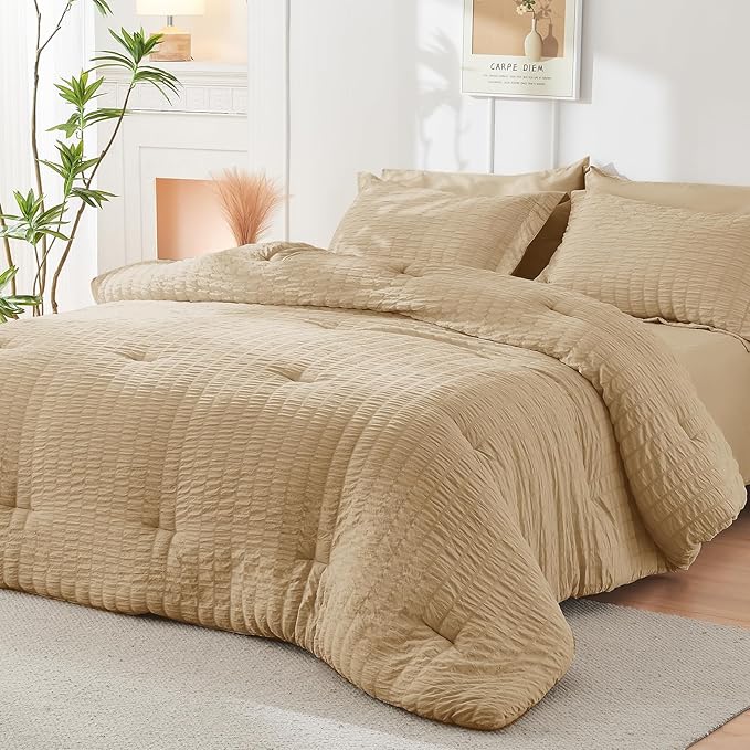 HYMOKEGE Khaki Twin XL Comforter Set Seersucker 5 Pieces, All Season Luxury Bed in a Bag for Bedroom, Bedding Set with Comforter, Sheets, Pillowcase & Sham