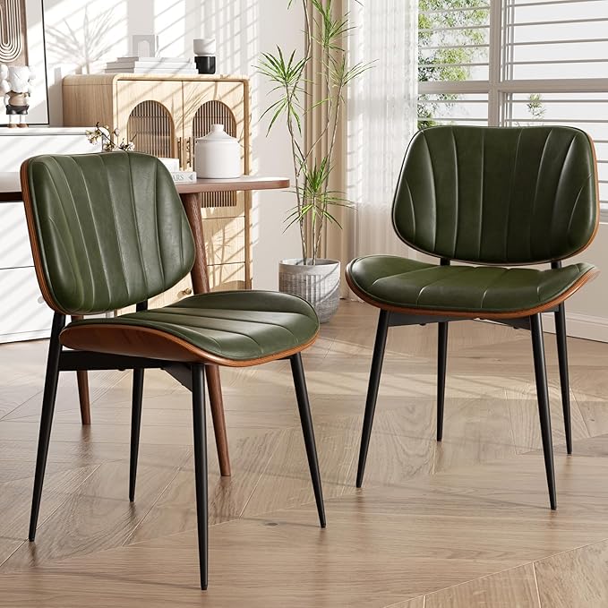 Dining Chair, Mid Century Modern Dining Room Chairs, Upholstered Faux Leather Kitchen Chairs with Walnut Bentwood Back and Metal Legs for Kitchen Dining Room Living Room, Green