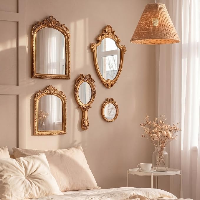 5 Pcs Vintage Gold Mirror Luxury Set Small Gold Mirrors Gallery Wall Mirror Hanging Antique Art Decor for Wall Living Room Entryway Assorted Sizes (13in/8in/7in/4in,Classic Style)