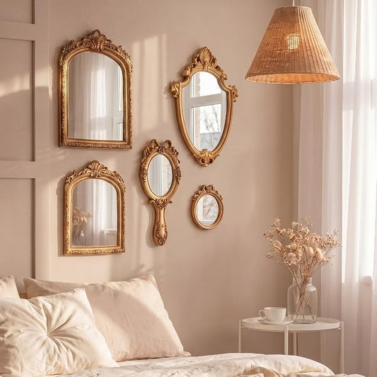 5 Pcs Vintage Gold Mirror Luxury Set Small Gold Mirrors Gallery Wall Mirror Hanging Antique Art Decor for Wall Living Room Entryway Assorted Sizes (13in/8in/7in/4in,Classic Style)