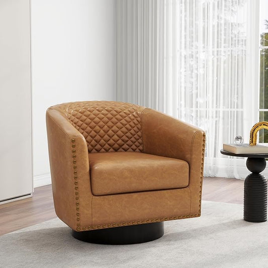 Swivel Barrel Accent Chair, Comfy Modern Upholstered Round Faux Leather Arm Chair for Living Room, Bedroom（Coffee, Set of 1