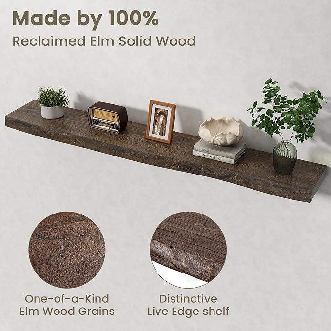 Fun Memories Floating Shelves for Wall Decor Set of 1-55 Inch Solid Elm Wood Live Edge - Rustic Walnut Wall Shelves with Invisible Brackets - for Living Room, Bedroom, Kitchen - Walnut Finish
