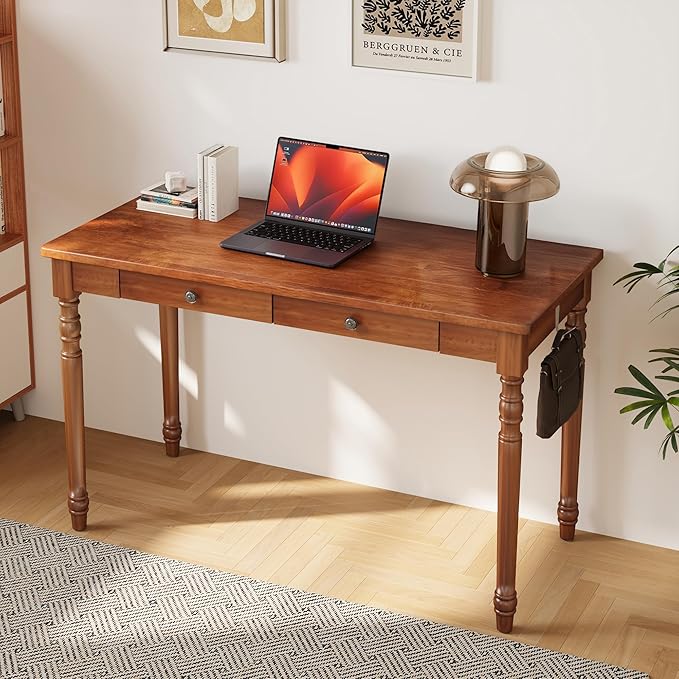 Mid Century Modern Desk, 47" Vintage Solid Wood Desk with 2 Drawers, Boho Writing Desk Computer Table for Home, Office, Bedroom, Living Room