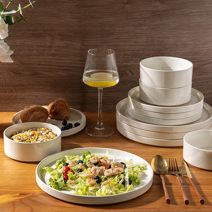 AmorArc Ceramic Dinnerware Set for 4 | Speckled Stoneware Plates and Bowls with unglazed terracotta | Scratch Resistant, Dishwasher & Microwave Safe Modern Dishes Sets- 12-Pcs
