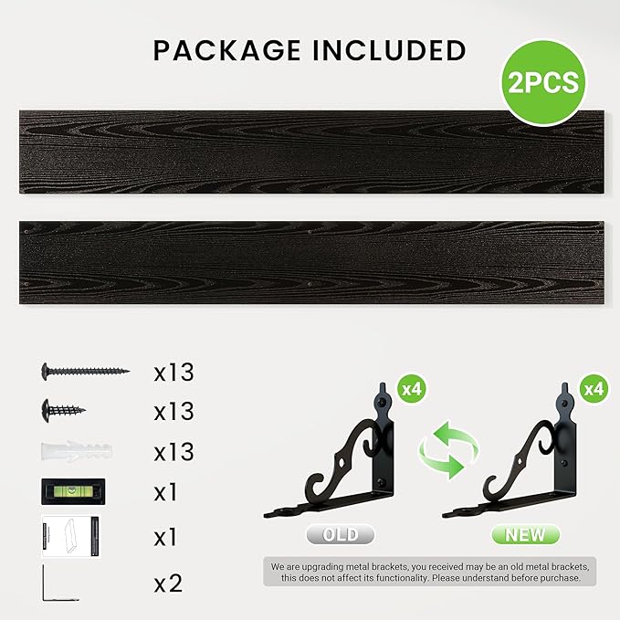 RICHFOCUS Floating Shelves for Wall Decor, 55.1W x 8D Shelves Set of 2, 8 Inch Deep Rustic Wood Shelves Wall Mounted with Brackets, Long Floating Shelves for Living Room Bedroom Kitchen, Black