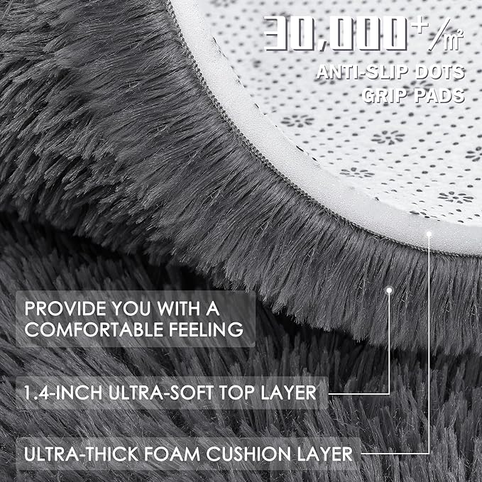 OLANLY Grey Round Rugs for Bedroom - Machine Washable, 9 ft Circle Area Rugs for Living Room, Soft and Fluffy Shaggy Carpet for Teen Girls and Boys, Nursery Rooms, Dorms, Home Decor Aesthetic