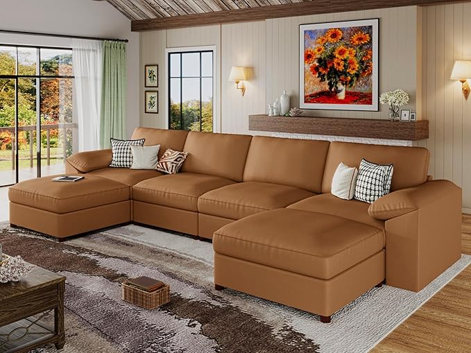 EASE MOOSE Brown Faux Leather Sectional Sofa,Leather Sectional Couch with Deep Seat,Extra Large U Shaped Couch,Oversized Modular Modern Scratch Resistant Sofas