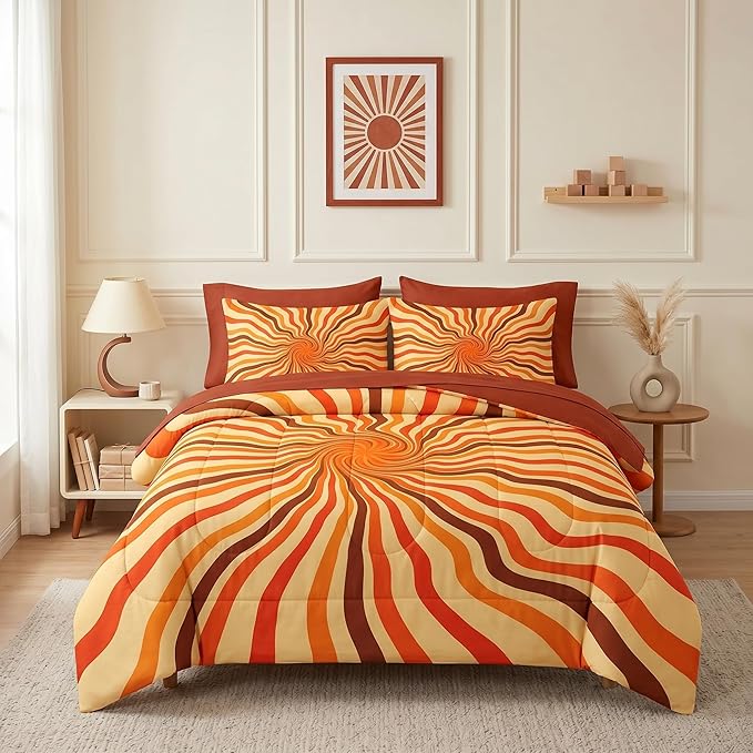 Nesker 7 Pcs Comforter Set King Size, 70S Retro Vintage Bedding Set for Kids and Adults, Orange Brown 50S Bed Sheet Sets with Fitted Sheet 2 Pillowcases & 2 Shams
