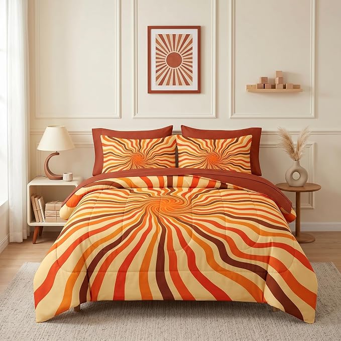 Nesker 7 Pcs Comforter Set Queen Size, 70S Retro Vintage Bedding Set for Kids and Adults, Orange Brown 50S Sheets Bed Sheet Sets with Fitted Sheet 2 Pillowcases & 2 Shams