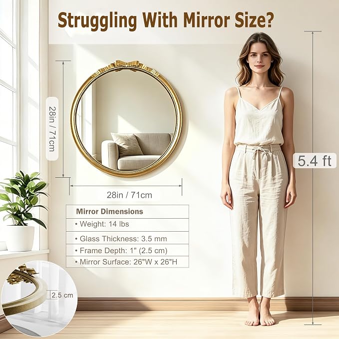 Vintage Gold Elegant French Bow Round Wall Mirror 28" | Ribbon & Beaded Metal Frame, Antique Decorative Wall Mirror, for Nursery, Girls Room, Bedroom