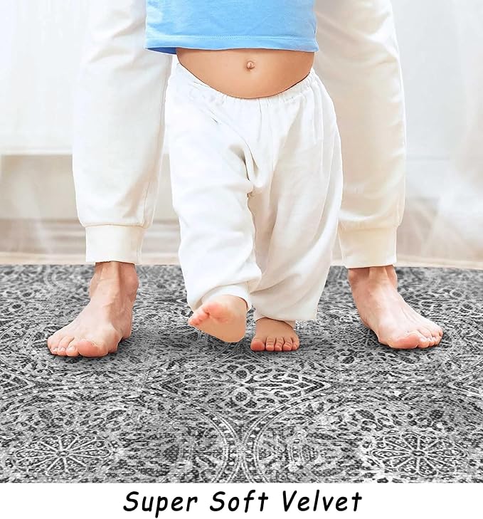 vivorug 8x10 Area Rugs for Living Room, Non-Slip Backing Washable Grey Rug 8x10, Large Area Rug Soft Carpet for Bedroom Dining Room, Vintage, Easy Clean, Durable, Low Pile Rug Under Table