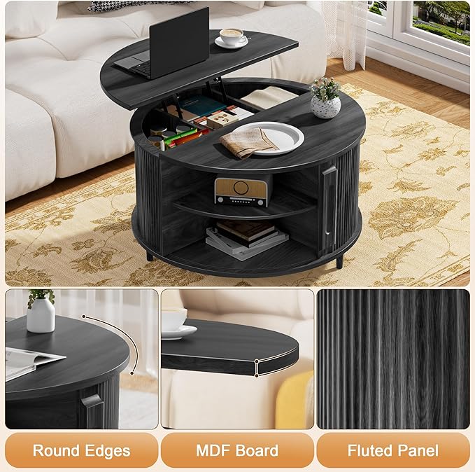 Round Lift Top Coffee Table, 31.5” Fluted Wood Lift Up Center Table with Sliding Door & Hidden Storage, Mid Century Modern Coffee Table for Living Room & Home Office (Black)