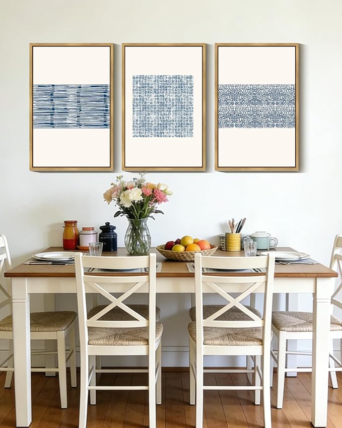 PHOPAGO 16x24in Large Blue Abstract Framed Wall Art Modern Boho Neutral Line Wall Decor Minimalist Geometric Artwork Bedroom Living Room Natural Framed