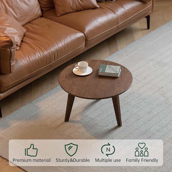 100% Solid Wood Round Coffee Table, Small Coffee Table w/Sturdy Legs, Wood Side Table for Bedroom Balcony Living Room (Walnut, 23.62" D x 13.78" H)