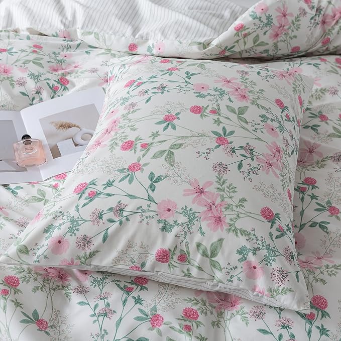 HoneiLife Cotton Duvet Cover King - Botanical Comforter Cover, 3-PC Bedlinen for Set with Zipper Closure & Corner Ties, Sweat-Absorption Comforter Cover Sets, Fuchsia‌