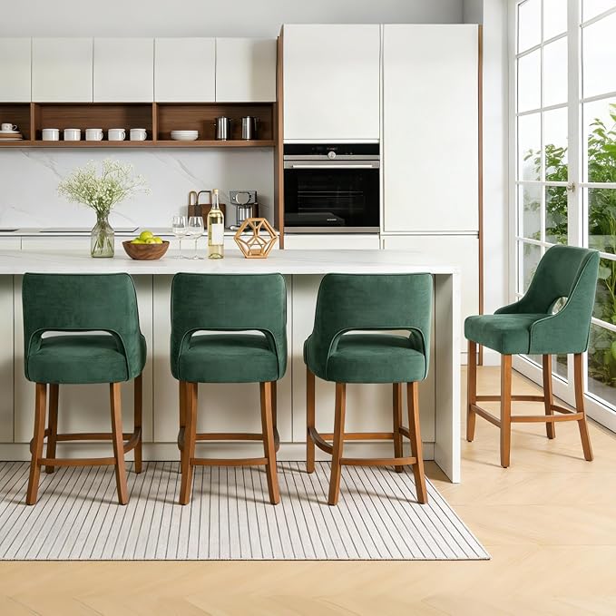 ClinQ Bar Stools Set of 6, 26" H Counter Height Bar Stools with Backs, Modern Upholstered Accent Barstools with Curved Footrest for Kitchen Island, Dining Room and Bar, Green-Walnut Legs