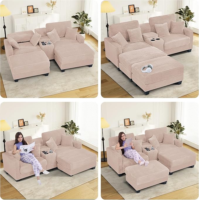 Oversized Chaise Lounge Chair Indoor with Storage & USB, Cup Holder & Ottoman, Firm Solid Wood Frame with Long Service Life Corduroy Oversized Lounge Reading Chair for Large Study Room - Pink