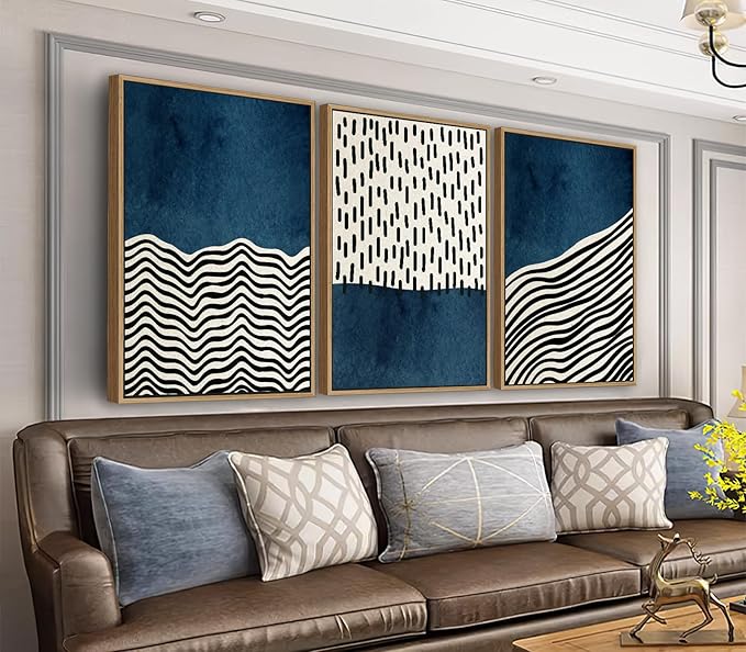 Framed Wall Art Canvas Set Mid Century Boho Picture Modern Abstract Geometric Lines Wall Decor Minimalist Black Indigo Canvas Painting Artwork Living Room Bedroom Home Office 24"x36"x3 Natural