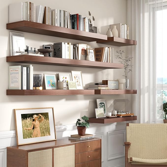 30 Inch Floating Shelves | 12 Inch Deep Walnut Floating Shelves Set of 2 | 30" W x 12" D Rustic Wood Shelves for Wall | Deep Walnut Shelves for Living Room Bathroom Laundry Room Kitchen