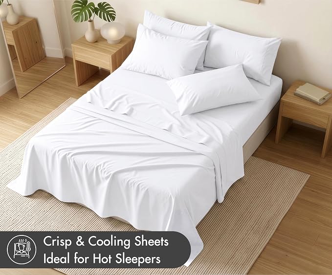 RUVANTI 100% Cotton Percale Sheets Twin XL Size 4 Piece Set, Cooling Bed Sheets for Hot Sleepers, Deep Pocket 16”, Breathable Lightweight & Durable, Crisp Hotel Style Sheets, Bright White