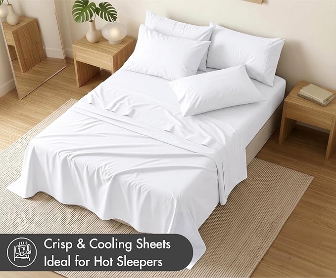 RUVANTI 100% Cotton Percale Sheets Queen Size 6 Piece Set, Cooling Bed Sheets for Hot Sleepers, Deep Pocket 16”, Breathable Lightweight & Durable, Crisp Hotel Style Sheets, Bright White