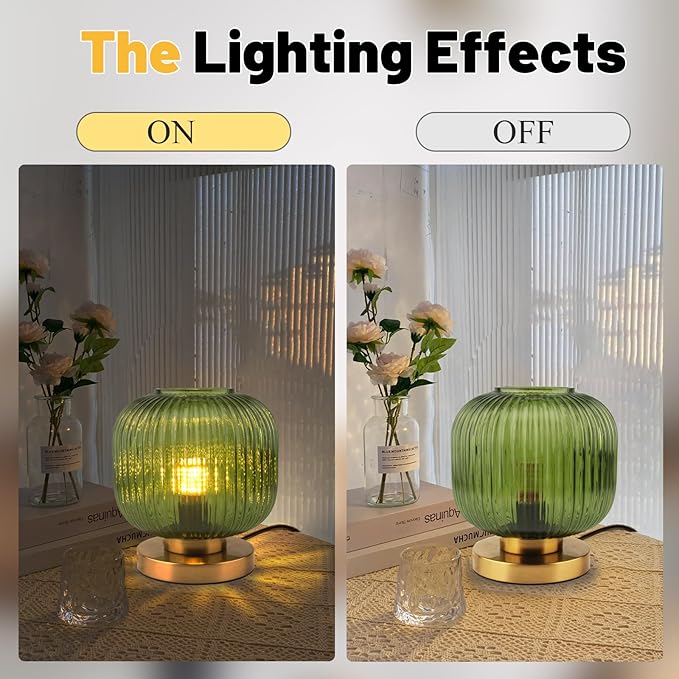 Green Glass Table Lamp - Mid Century Modern with Ribbed Glass Shade, Gold Finish - Desk & Nightstand Lamp - Small Size for Bedside, Living Room & Office