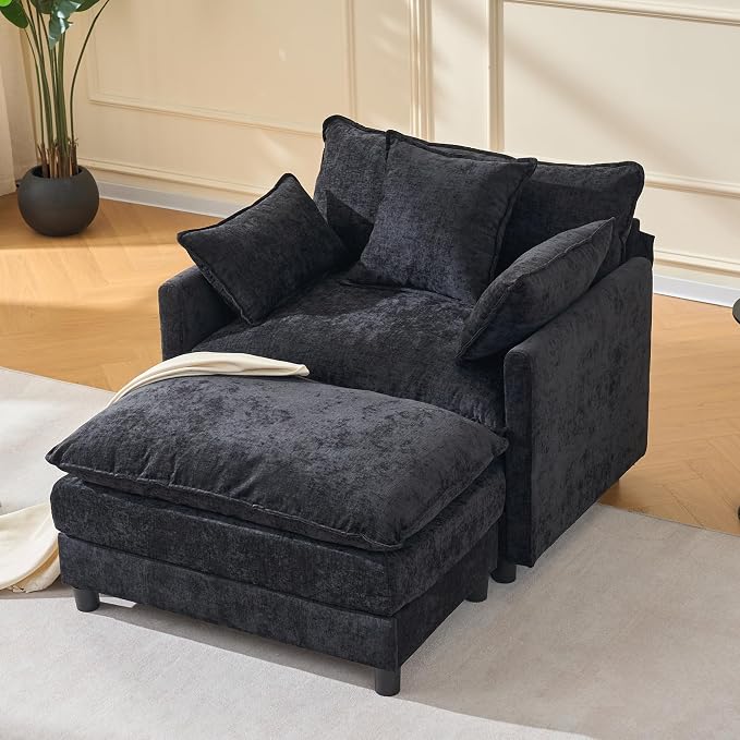 Oversized Accent Chair with Ottoman, Chenille Cloud Single Sofa Upholstered Double-Layer Seat Lounge Armchair with Pillows for Living Room Reading Apartment, Black
