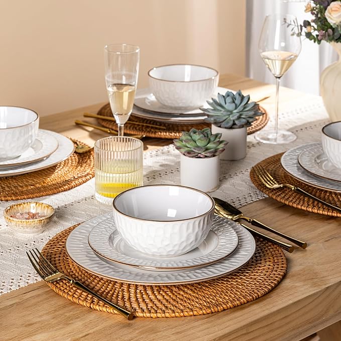GBHOME Ceramic Dinnerware Sets,18 pcs Embossed Elegant Stoneware Plates and Bowls Sets, Housewarming Wedding Gift | Dishwasher & Microwave Safe | Dishes Set Service for 6