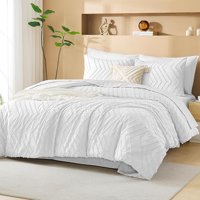 Litanika California King Size Comforter Set with Sheets White - 7 Pieces Bed in a Bag Cal King Boho Tufted Complete Bedding Sets with Comforter, Sheets, Pillowcases & Shams