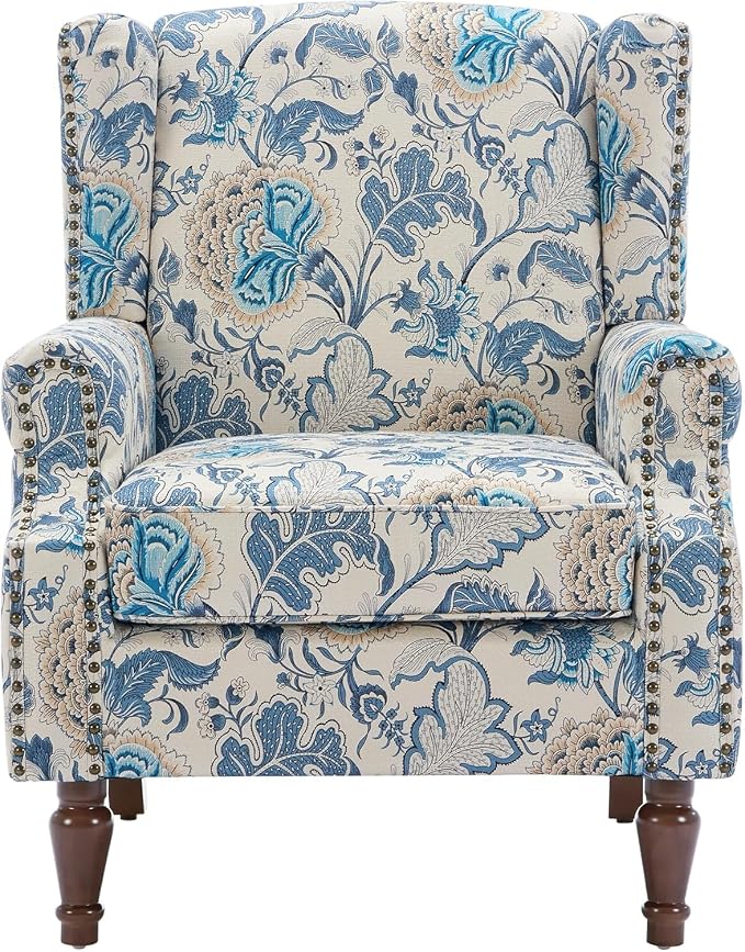High Back Floral Accent Chair, Fabric Upholstered Armchair Wingback Arm Chair for Living Room, Nailhead Trim Single Sofa Bedroom Side Reading Seat with Retro Solid Wood Legs - Boho Blue