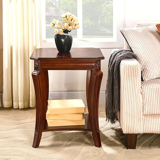2-Set Solid Wood Side Table with Storage Shelf, 2-Tier Square End Tables Living Room, Traditional Style End Table, Vintage Beside Table with Curved Legs and Printed Tabletop, Cherry Walnut 1168WD