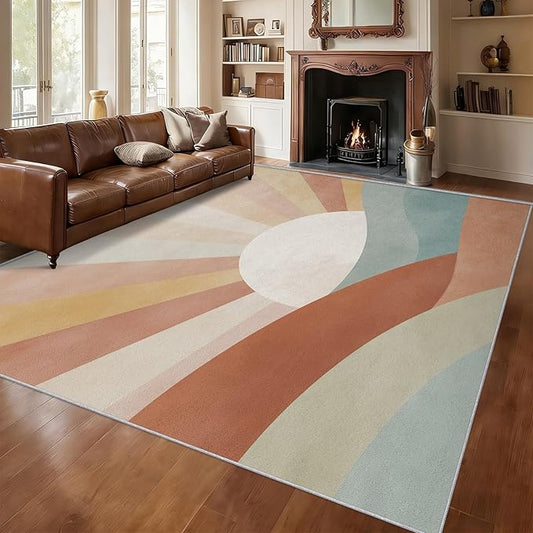 8x10 Boho Sun Rugs for Bedroom Decor, Washable Retro Sunrise Pattern Area Rug, Living Room Home Decoration, Non Slip Soft Thin, Mid Century Modern Decor Large Carpet PF-P 117