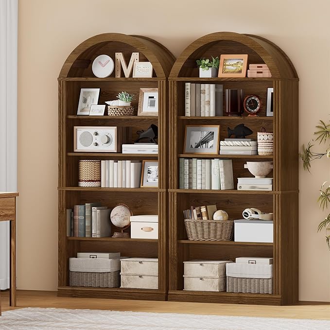 RALGEND Arched Bookshelf Set of 2, 75.8" Tall Arch Bookcase with Storage, 6-Tier Farmhouse Book Shelf, Arched Cabinet, Wooden Bookshelf with Open Display Shelves, Adjustable Shelf, Office, Walnut
