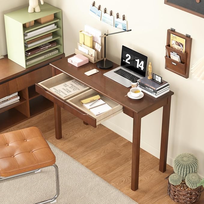 Solid Wood Desk with Drawers - 39 x 16 Inch Vintage Narrow Desks, Mid Century Modern Desks, Rubber Wood Study Table, Small Writing Desk for Bedroom|Small Spaces - Walnut Color