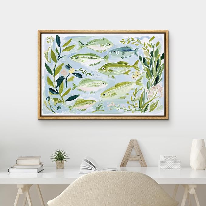 MUDECOR Framed Canvas Print Wall Art Freshwater Fish and Botanical Nature Illustrations Minimalism Decorative Bohemian Colorful Zen for Living Room, Bedroom, Office - 24"x36" NATURAL