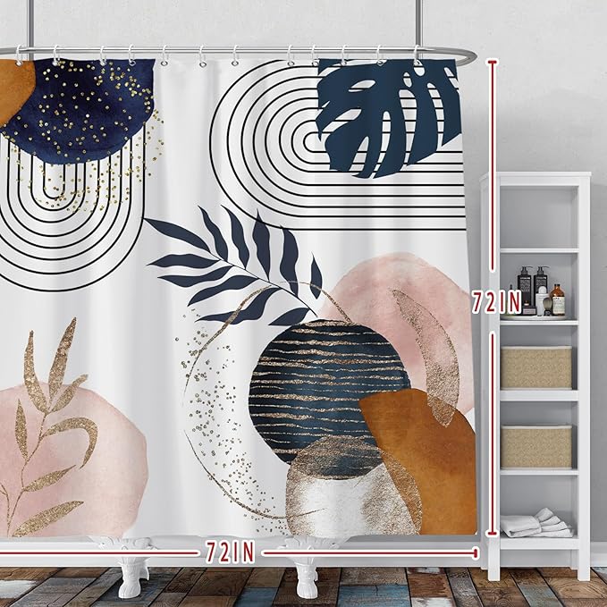 Baocicco Boho Shower Curtain Mid Century Navy Blue Gold Plant Leaves Modern Abstract Minimalist Shower Curtains Decorative for Bathroom Waterproof Fabric Shower Curtain with Hooks 72x72 Inches