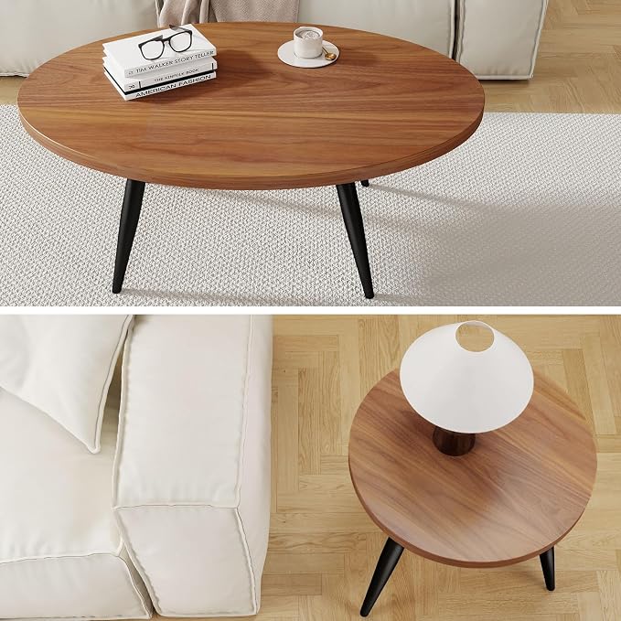 2-Piece Nesting Coffee Table Set, Oval & Round Mid-Century Modern Side Tables with MDF Tabletop & Metal Tapered Legs, Accent Table Set for Living Room, Small Spaces, Walnut